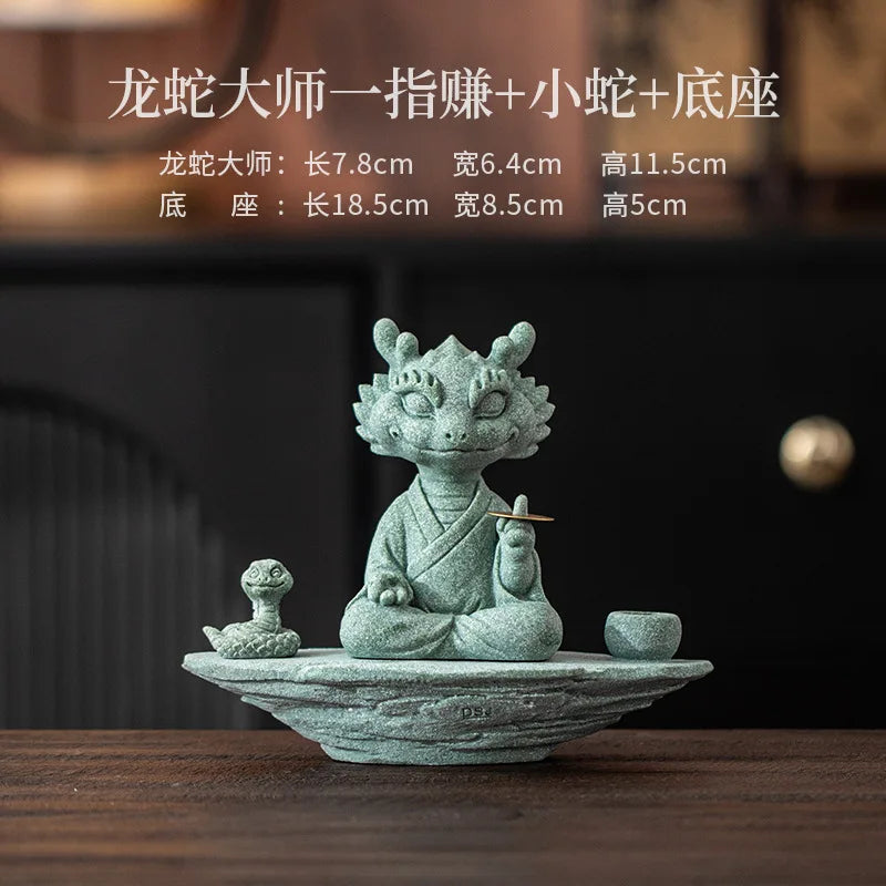 Alabaster Dragon-snake Tea Pet Incense Base Unique Feng Shui Decor Qme green