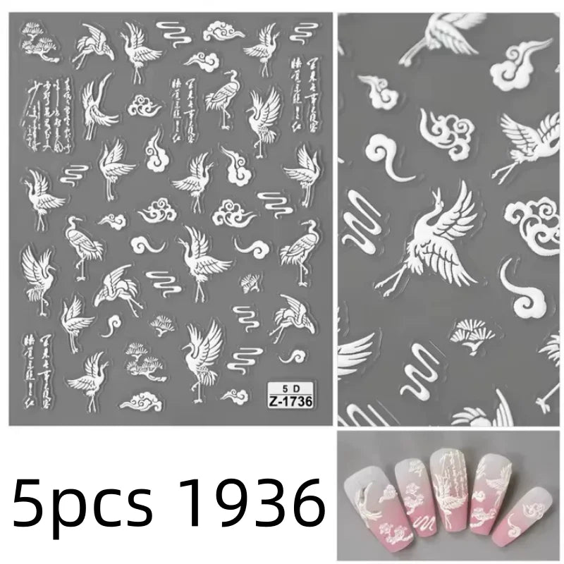 5D Flower Daisy Embossed Stickers Nail Sliders Decals Daisy White Florals Petals Flowers Back Glue Nail Sticker Decoration Qme 5pcs 1936