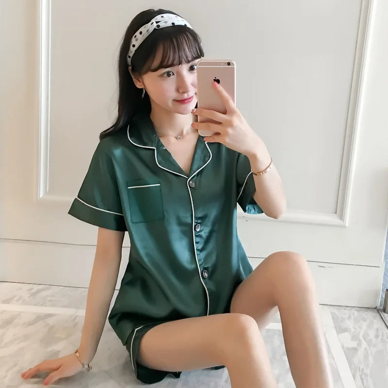 B Solid Color Sleepwear Silk Satin Pajamas Couple Set Long Sleeves Pyjamas Suit Pijama Women Men Loungewear Plus Size Pj Set Qme