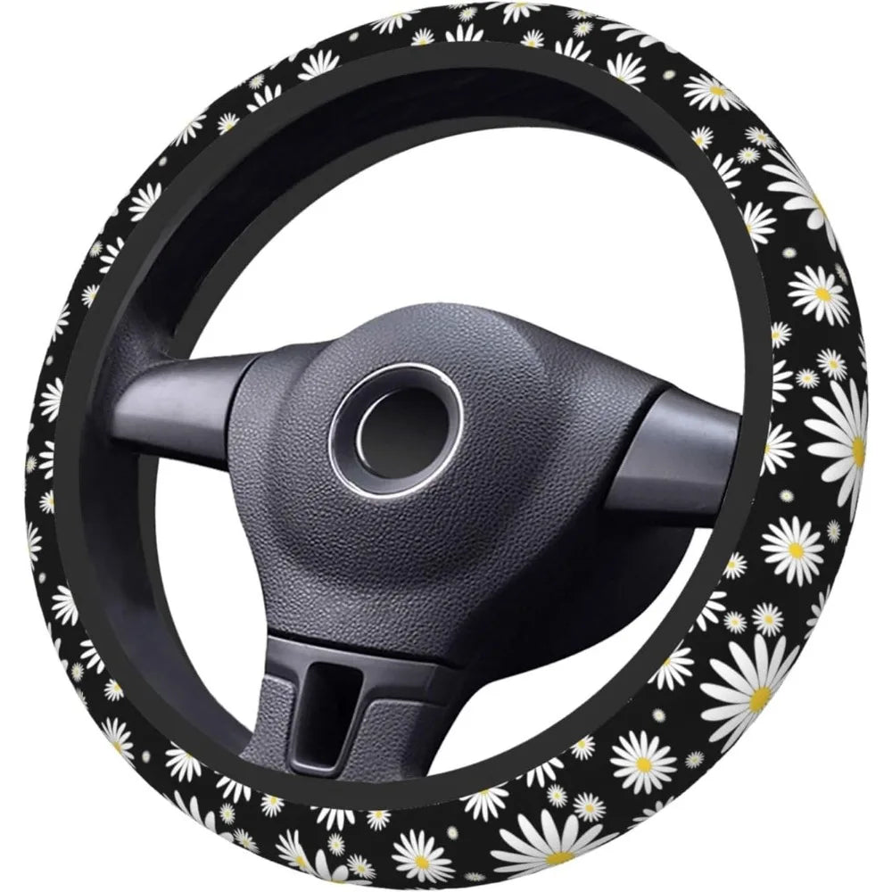 Universal Daisy Flower Print Car Steering Wheel Cover Elastic No Inner Ring Anti-slip Steering Protecto，Car Decor Accessories Qme