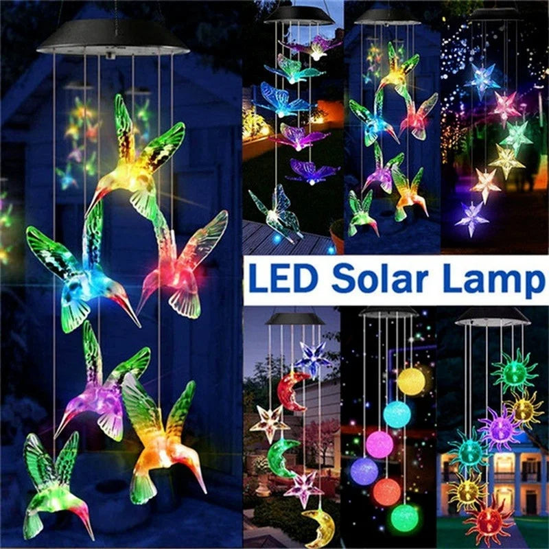 LED Solar Wind Chime Crystal Ball Hummingbird Light Changing Qme