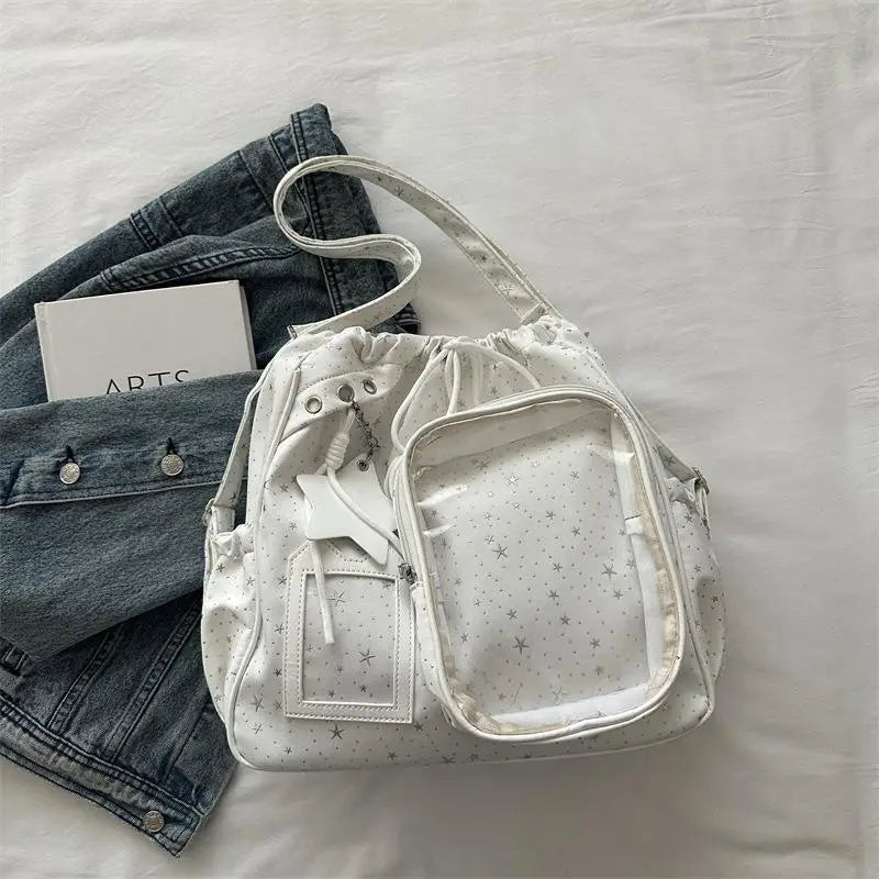 Large-capacity Student Pentagram Backpack, New Style Double-shoulder Bag, College-style Bag, Bag For Female High School Qme White