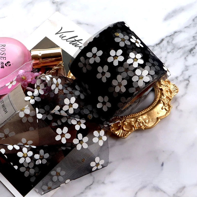 6cm 5Yards Floret Tulle Daisy Ribbon Roll DIY Craft Ribbons for Gift Bow Packaging Cherry Blossoms Printed Mesh Fabric Supplies Qme Black ribbons 5 yards (4.5m)