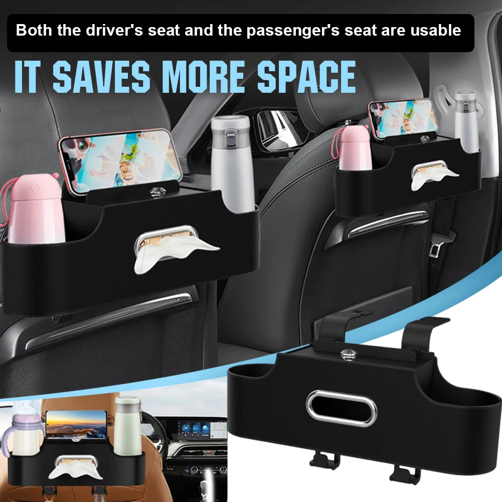 4-In-1 Car Seat Back Storage Bag with Tissue Cup Holder Rear Seat Storage Rack Hanging Hooks Car Seat Organizer Auto Accessories Qme