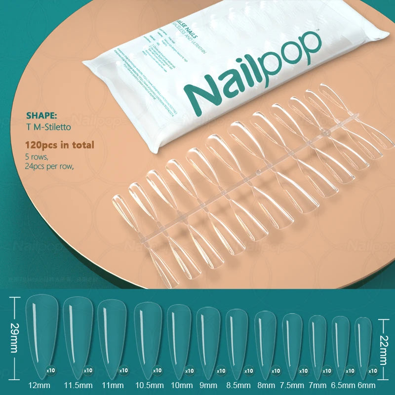 NAILPOP False Nails Acrylic Press Coffin Artificial Clear Fake Nail Qme Clear M-Stiletto 120
