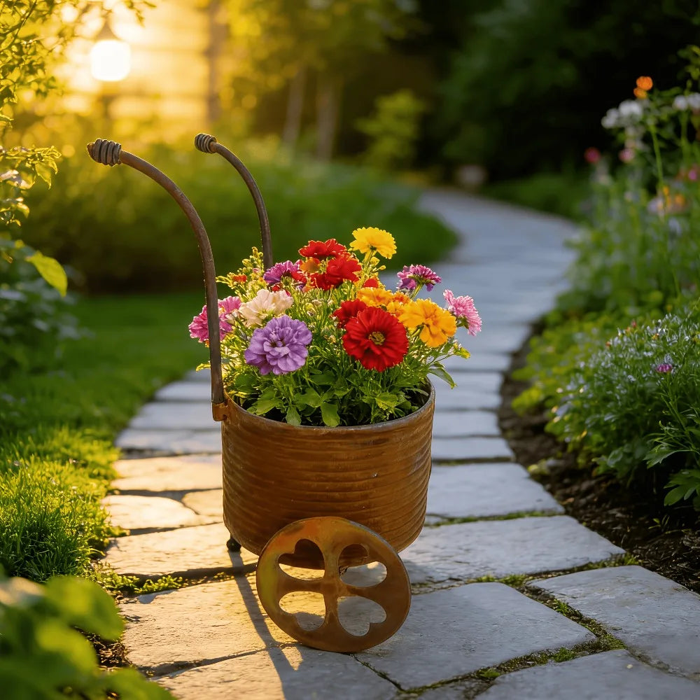 Rustic Iron Wrought Small Trolley Planter Distressed Four-leaf Clover Wheeled Flower Pot Creative Decorative Piece for Balcony Qme