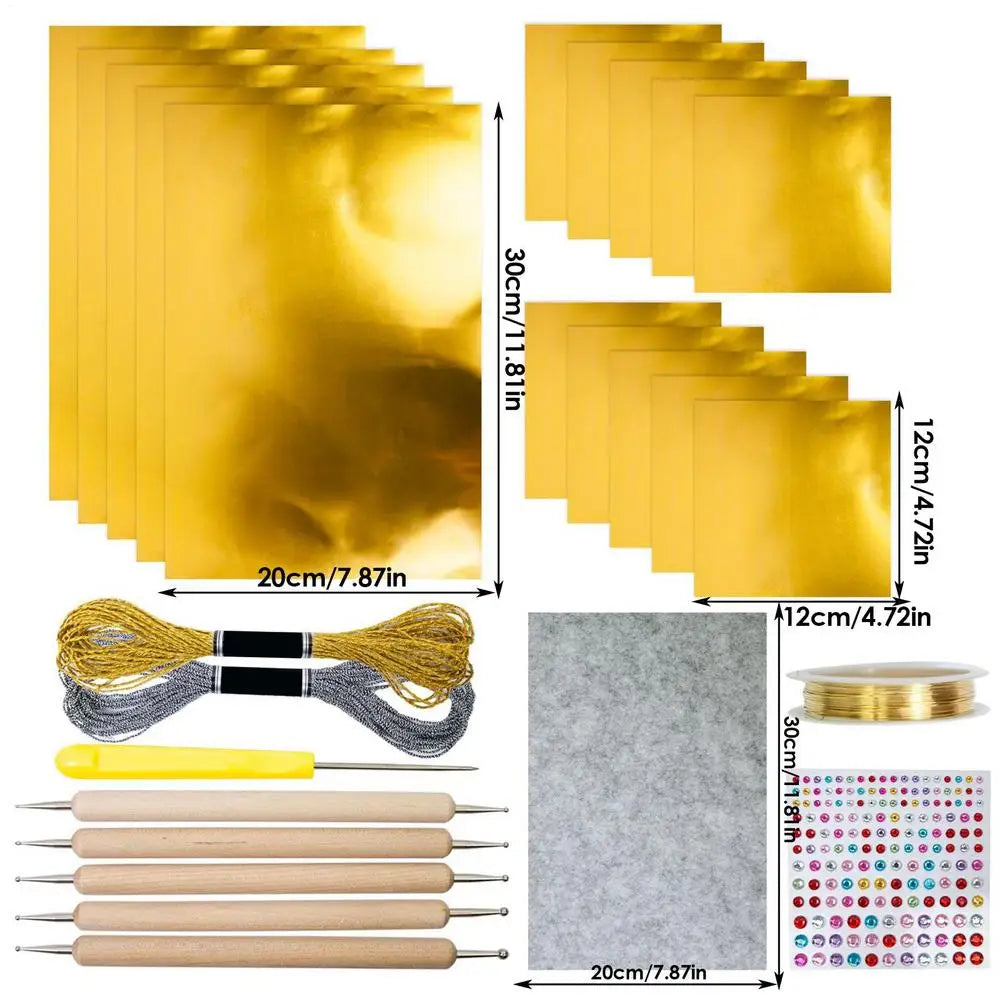 Foil Cardstock Metal Embossing Art Kit Silver Gold Shimmer Shiny Embossing Engraving Painting Kit Crafting Art for Kids Adults Qme Gold