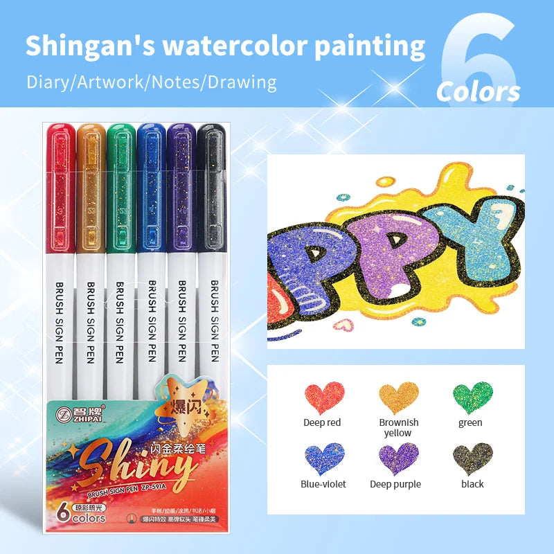 6Pcs Shiny Glitter Calligraphy Markers, Colorful Fluorescent Drawing Pens for DIY Painting Art Craft Stationery Supplies Qme white pen holder C