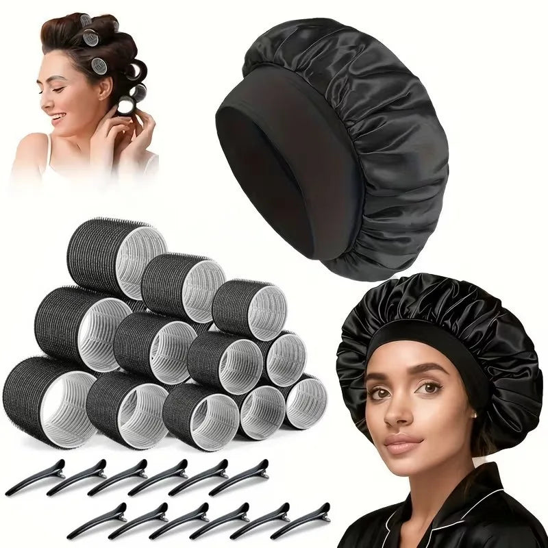 Heatless Hair Curlers 18 Self Grip Rollers 12 Clips Satin Nightcap Qme
