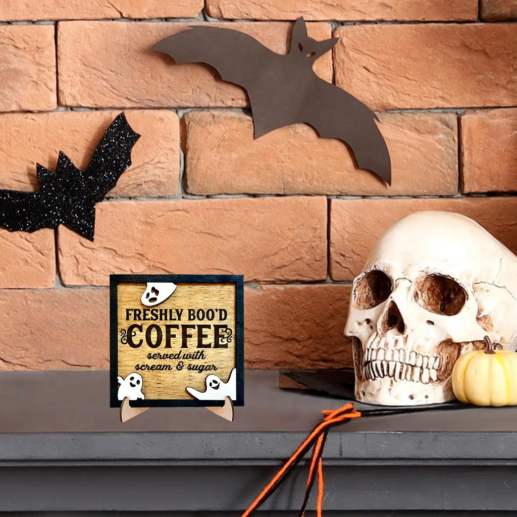 Halloween 3D Wooden Coffee Sign - 'Freshly Boo'd Coffee Served With Scream & Sugar' with 3 Ghosts,Spooky Kitchen/Boo Crew Decor Qme