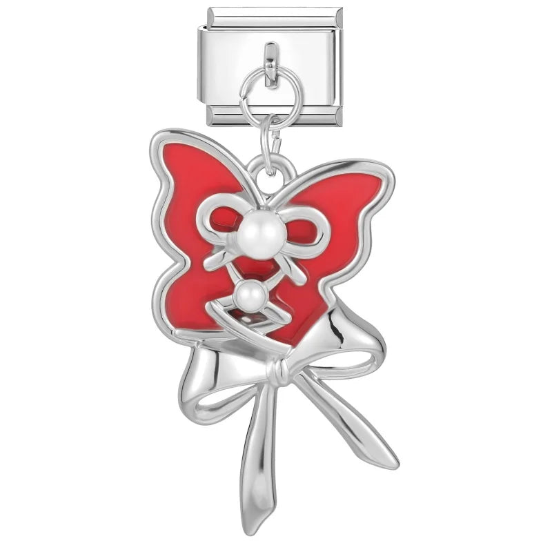 Shiny Colorful Zircon Pendant Series Red Cherry Bow Italian Charm