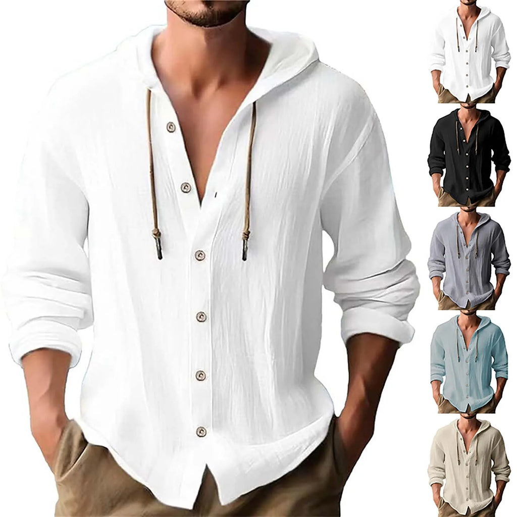 Men's Solid Color Casual Long Sleeved Shirt With Hood And Drawstring Cotton And Linen Cardigan Fashionable Daily Versatile Top Qme