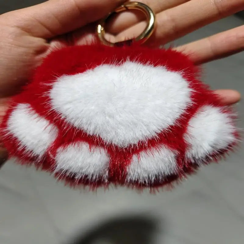 Cat Paw Pendant Keychain Fluffy Kawaii Faux Fur Keychain Cute Stuffed Toy Plush Toy Key Ring Backpack Car Key Pendant Qme red 5CM