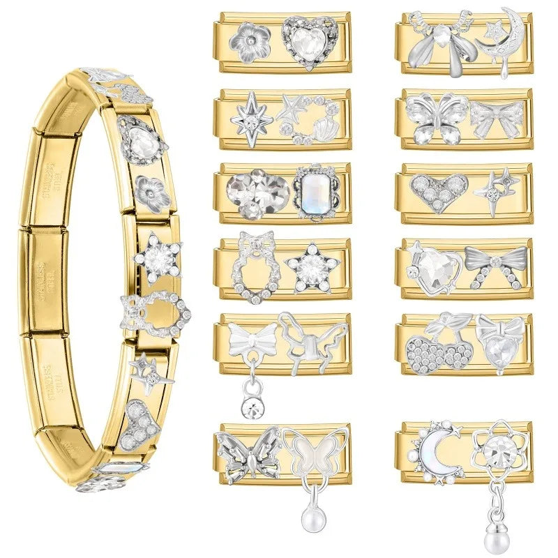New Fashion Gold Color Cute Bows Garland Big Zircon Stars Hearts Italian Charm Links Fit 9MM Stainless Steel Bracelet DIY Making Qme