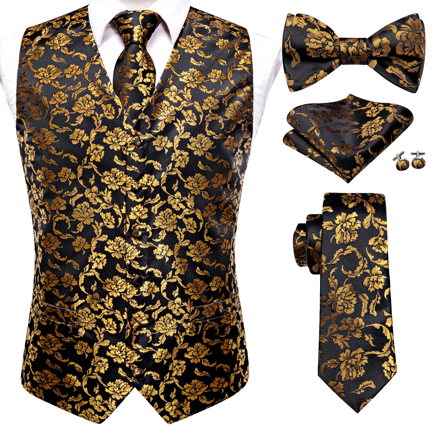 Luxury Gold Mens Suit Vest Red Blue Green Yellow Waistcoat Tie Bowtie Qme 0031-0577 M