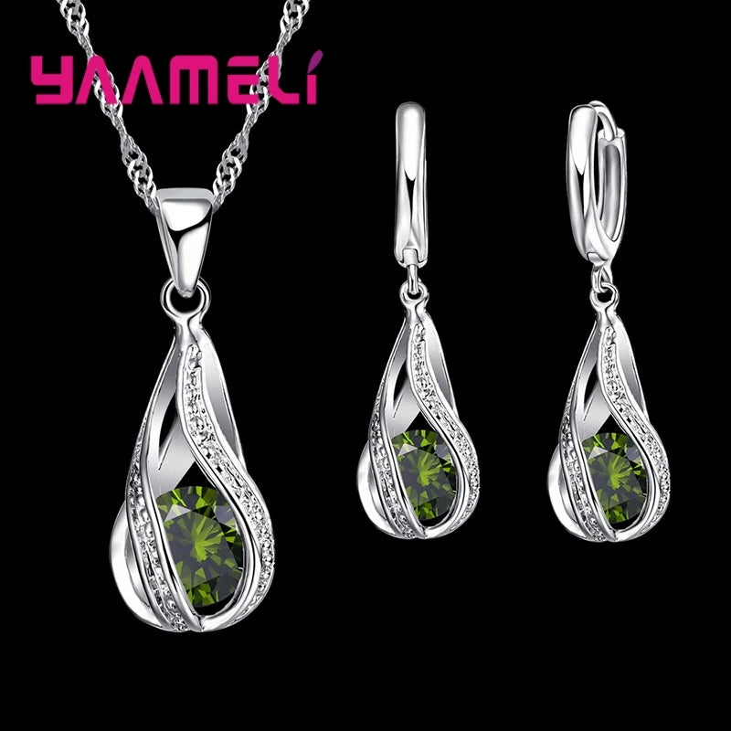 Hot Water Drop CZ 925 Sterling Silver Plated Jewelry Set For Women Pendant Necklace Hoop Earrings Wedding Party Ceremoey Anel Qme Green
