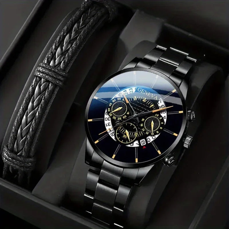 1pc Men's Round Dial Quartz Watch With Stainless Steel Strap & 1pc Bracelet Men's Accessories Qme Black Yellow No