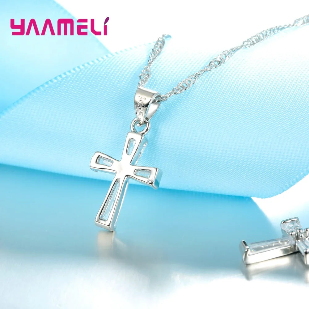 S925 Sterling Silver Color Jewelry Set Trendy Cross Cubic Zircon Necklace Earrings Chain Pendant for Women Nice Gift Qme