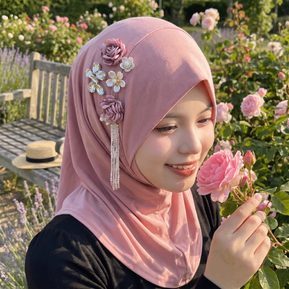 Round Neck Elastic Flower Tassel Hijab Cap Breathable Solid Color Pre-Tied Headscarf Soft Fabric Polyester Head Wrap Home Qme