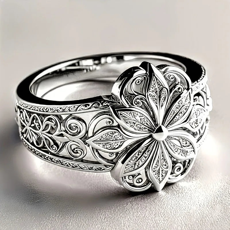 Vintage Flower Filigree Ring Silver Color Hollow Out Floral Statement Rings for Women Antique Carved Cocktail Party Jewelry Gift Qme