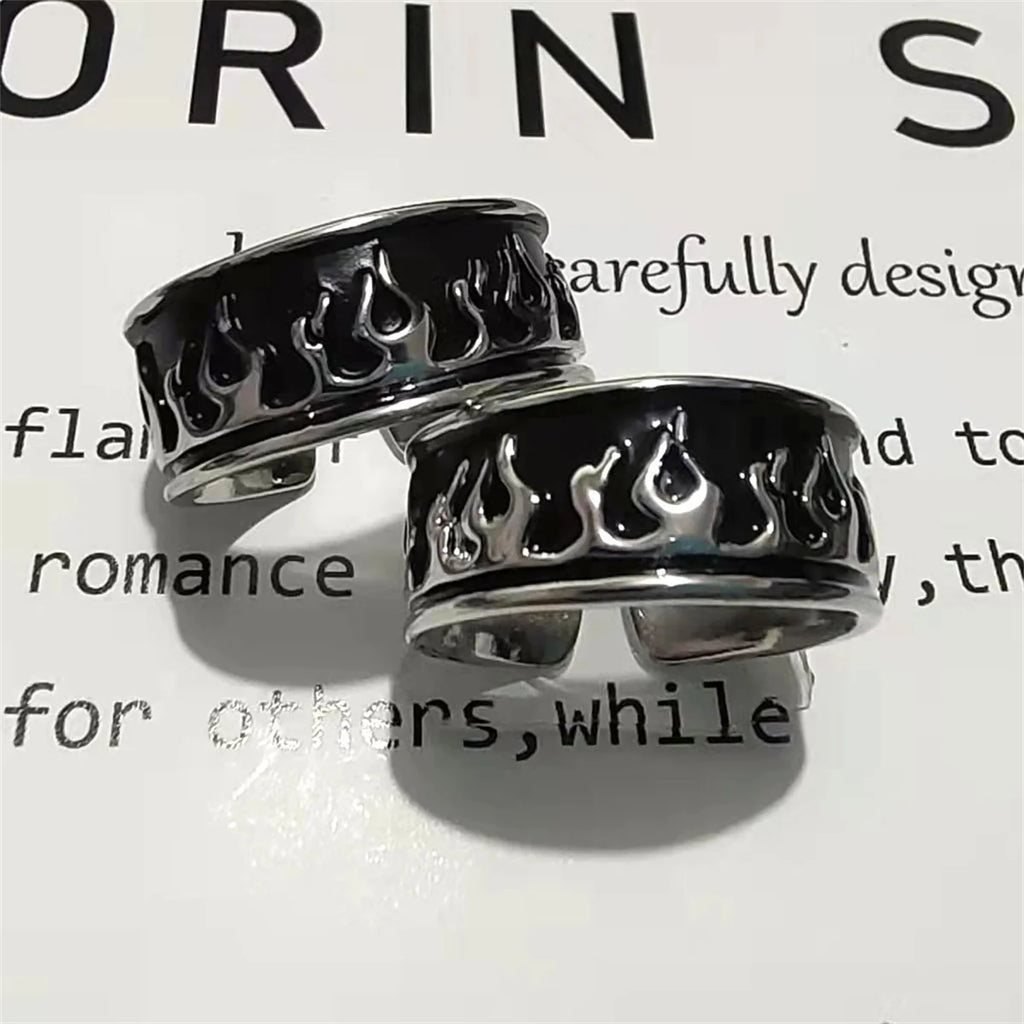 Cool Retro Flame Fire Stainless Steel Ring Men Women Punk Gothic Edgy Couple Jewelry Rock Hiphop Cosplay Accessories Unisex Gift Qme
