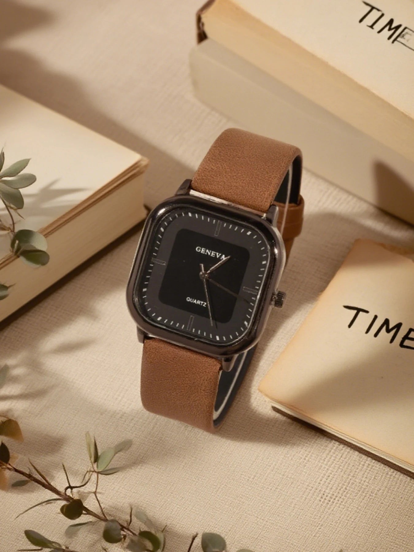 All Black Simple Square Dial Ladies Leather Watch, Fashion Minimalist No Numeral Design Quartz Wristwatch Gift for Students Qme Bronze