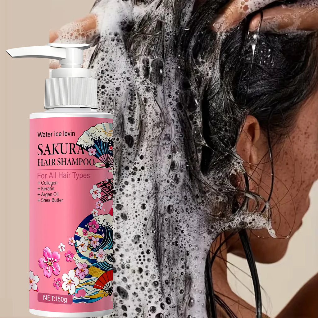 Sakura Hair Shampoo with Collagen & Keratin, Nourishing & Smoothing for All Hair Types, with Argan Oil & Shea Butter. Qme