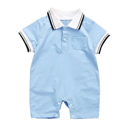 Baby Boys And Girls Summer Lightweight Solid Color Short Sleeve Turn-Down Collar Pocket Romper Convenient Casual Basic Playsuits Qme Blue 73