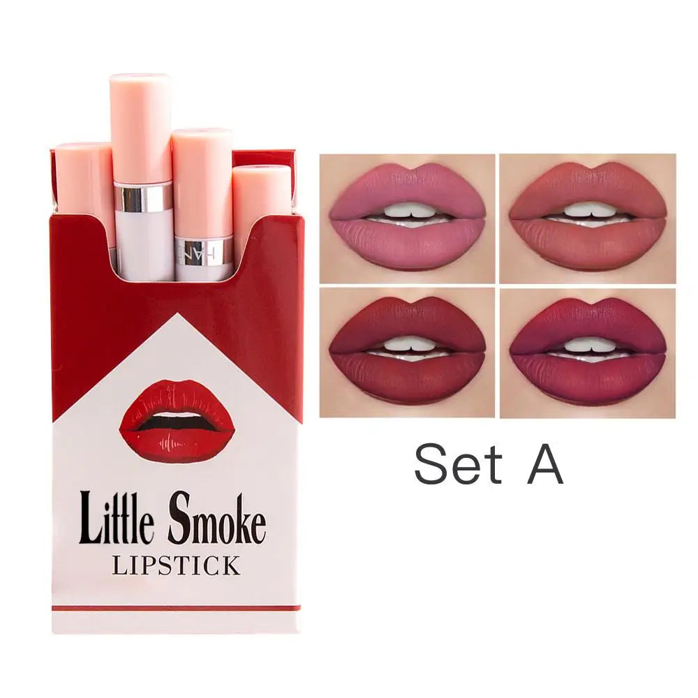 HANDAIYAN Set Of 4 Matte Lipstick Kit Cigarette Smoke Tube Lip Gloss Long Lasting Waterproof Nude Red Lip 24 Hour Lip Tint Stain Qme A 01-04 CN