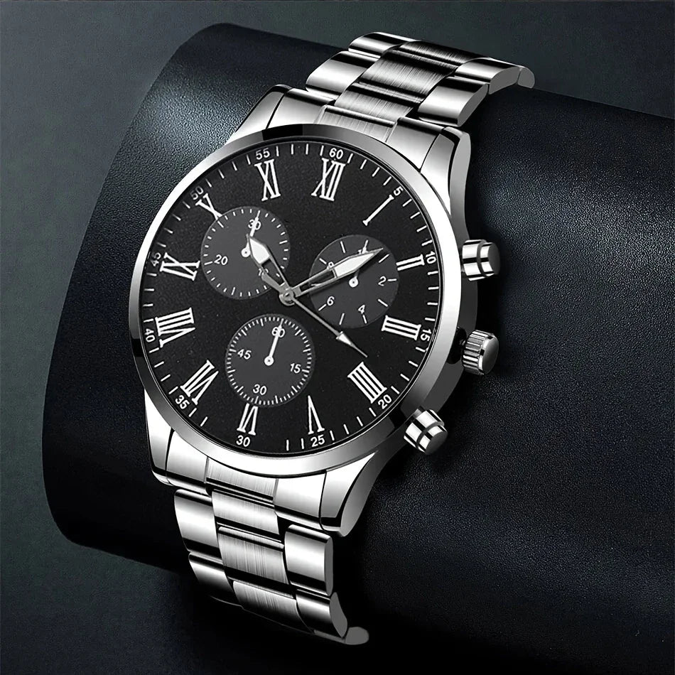 2 Pieces Fashion Men's Watch Quartz Simple Roma Dial Men's Business Watches Men's Watch (Without Box) Qme