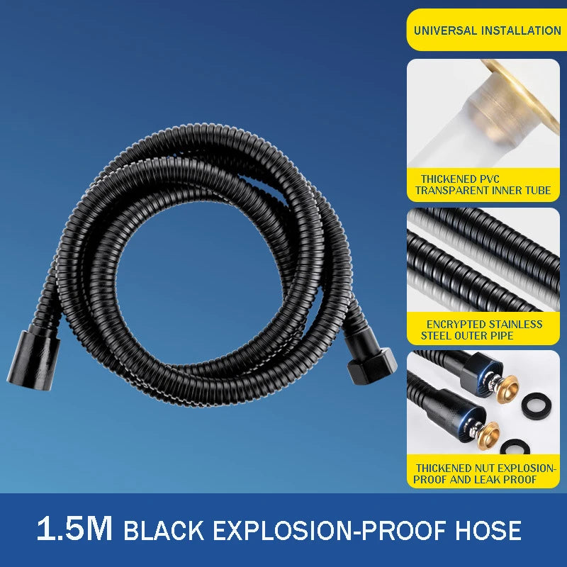 1.5M Black PVC Flexible Shower Hose Long Bathroom Shower Water Hose Extension Plumbing Pipe Pulling Tube Bath Accessories Qme