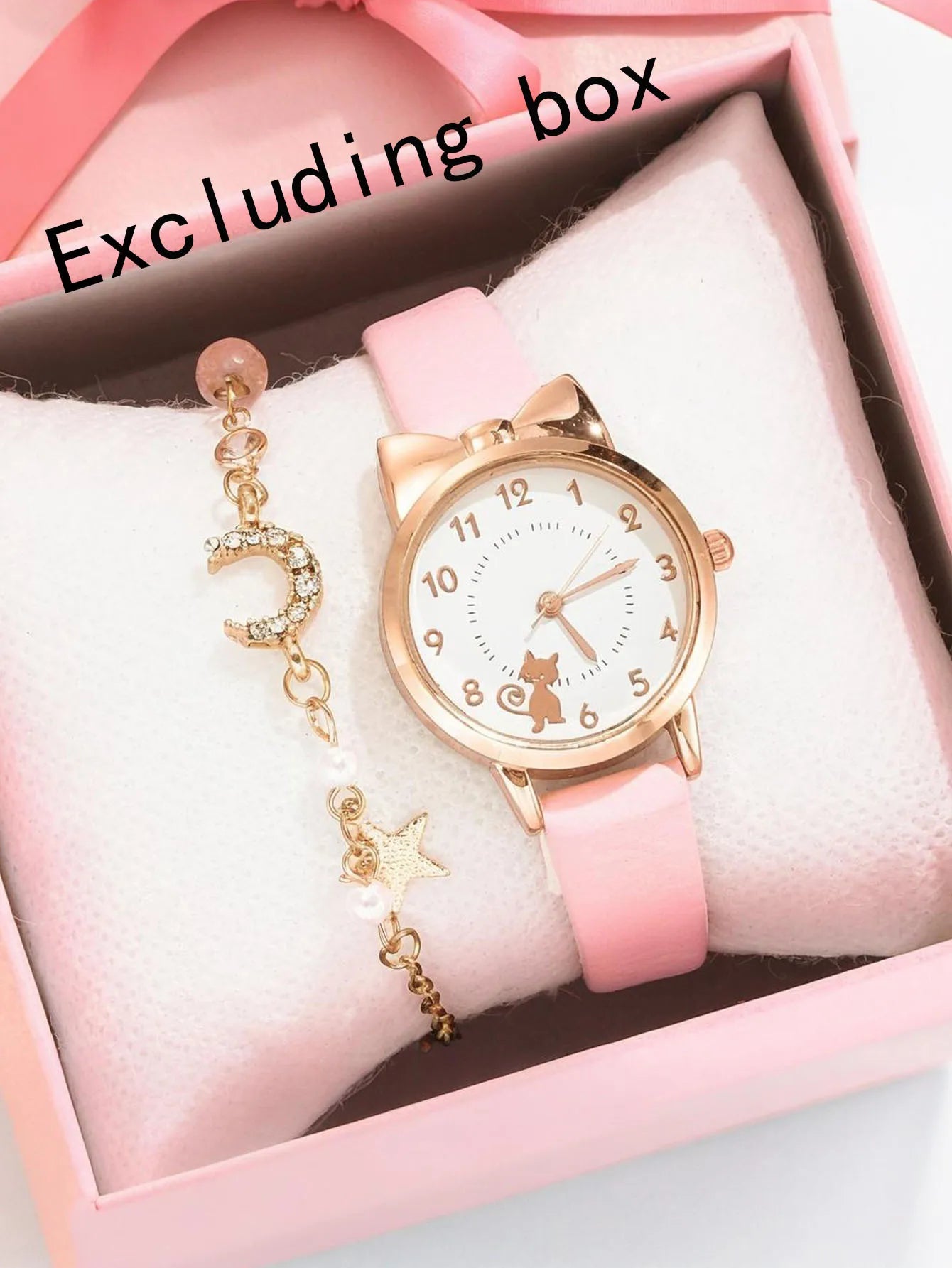 2-piece/set of ladies' fashionable watches with cat pattern PU and small scale, simple quartz watch set for students Qme Pink set
