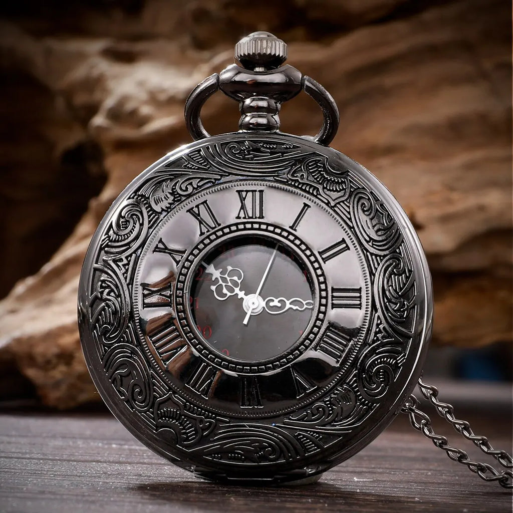 1 pcs Steampunk pocket watch, men's chain, necklace, antique charm, black, Roman numerals, quartz, unified fashion Qme