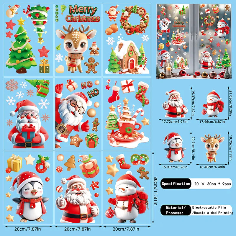 Christmas Window Electrostatic Stickers Snowflakes Reindeer Santa Claus Double Sided Printing Wall Christmas Sticker Decorations Qme 9 PCS