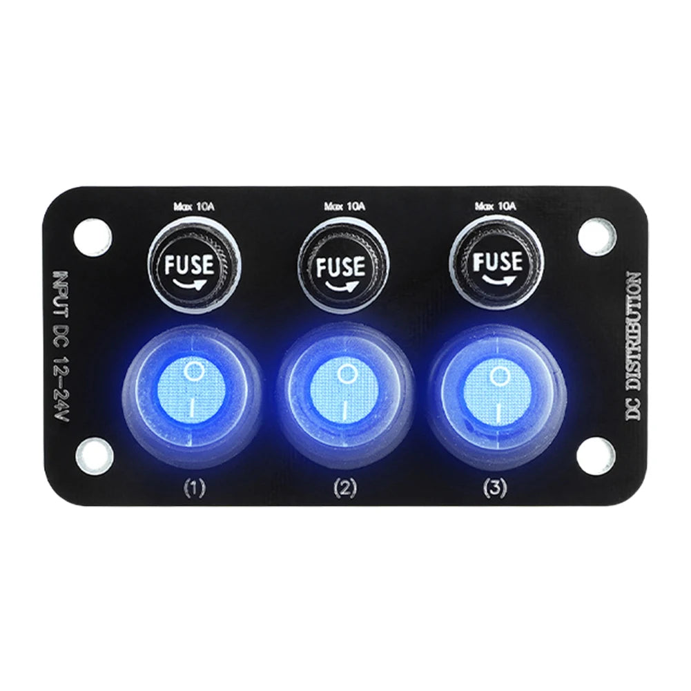 LED Marine Boat Rocker Switch Panel 12V-24V Toggle Switch Panel Light 10A Fuse Blade for Boat Truck Trailer Camper Caravan RV Qme 3 Buttons 10A