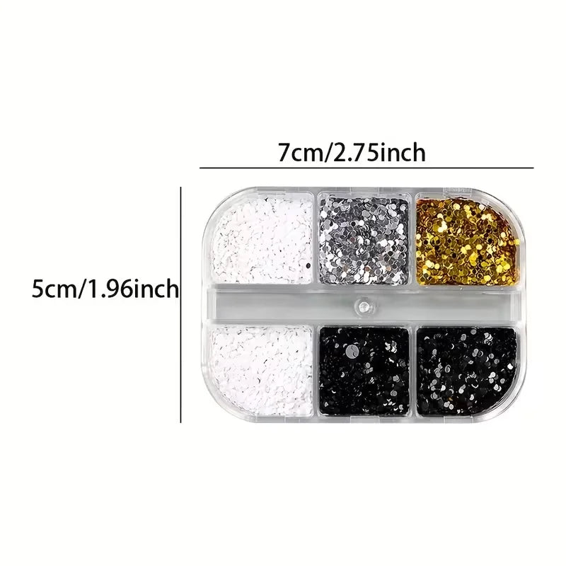 6-compartment Mixed-size Round Nail Art Glitter DIY Charm Decorations Qme