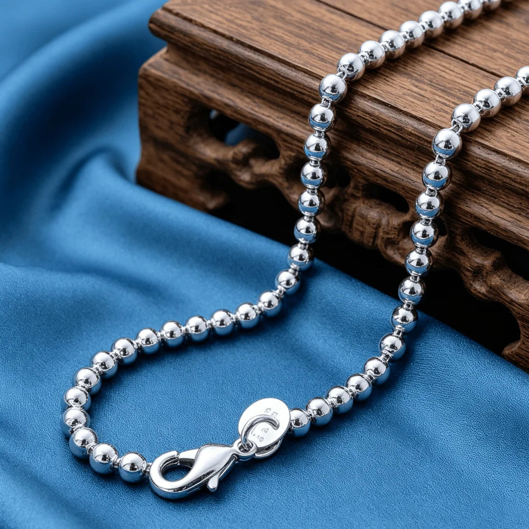 Fashion Jewelry 925 Sterling Silver 6MM Gorgeous Beads Chain Necklace for Women Men Party Wedding Holiday Gifts Qme