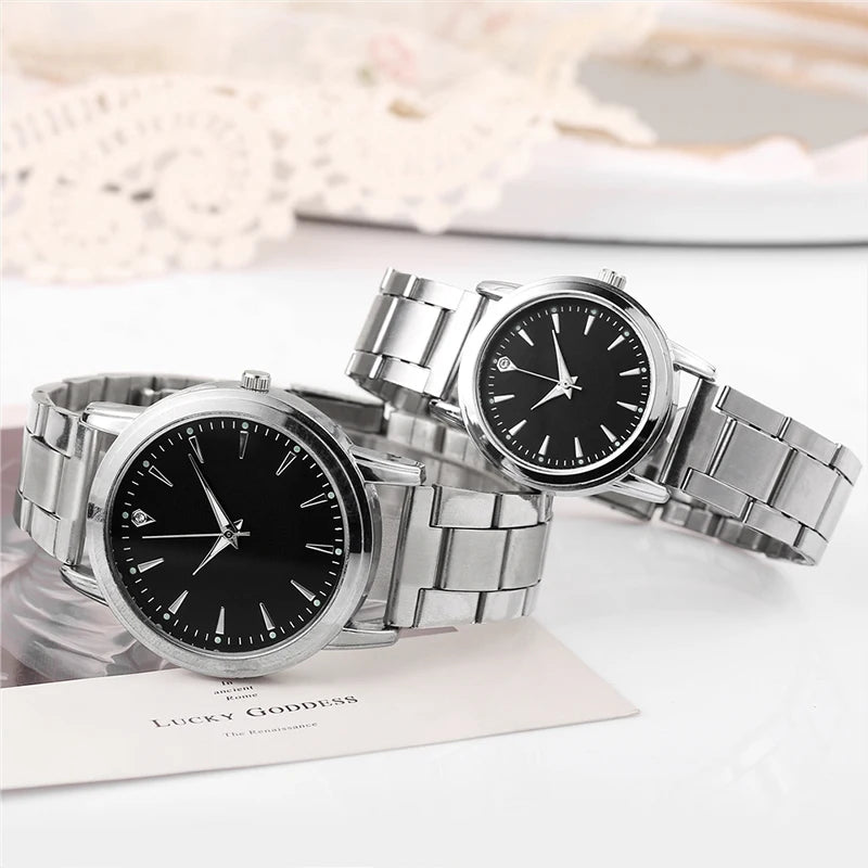 2PCS Couple's Watch Night Light Steel Strip Women's Watch Men's and Women's Quartz Watch Gift Watch Qme