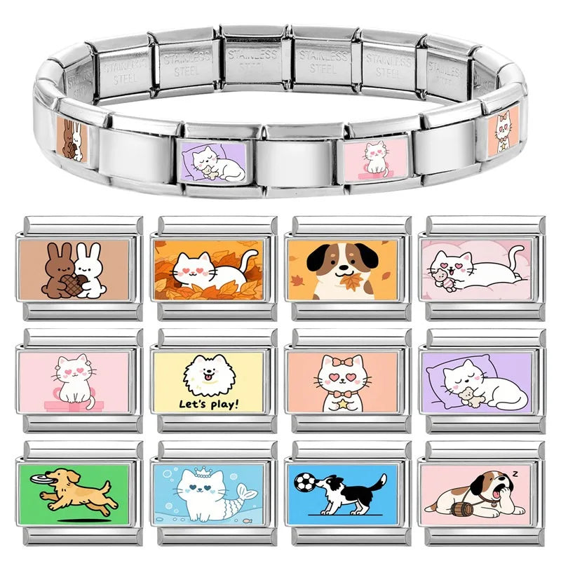 Wholesale 2025 New Cute Leaf Cats Dogs Rabbit Samoyed Italian Charm Link fit 9mm Stainless Steel Jewelry DIY Making Bracelets Qme
