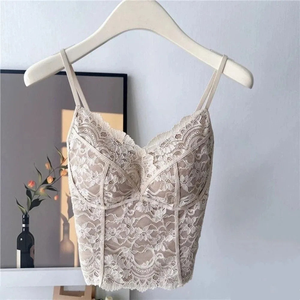 Mesh Flower Slim Lace Crop Sweet Camisoles Summer Girl's Vest Spicy Qme Nude L