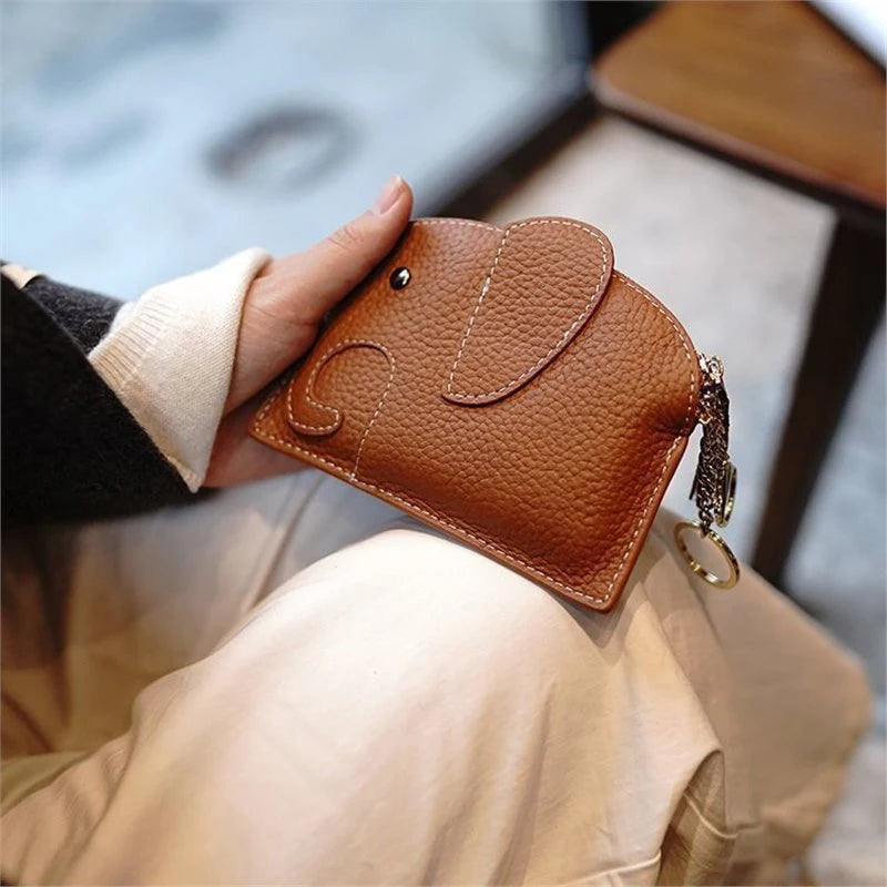 PU Leather Elephant Money Bag Women Coin Purse Key Ring Qme Brown