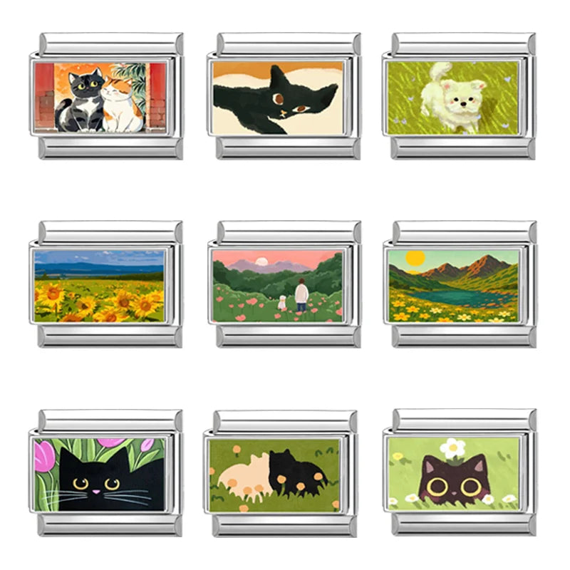 Wholesale Cartoon Green Grassland Cats Sunflowers Fields Italian Link Fit 9mm Stainless Steel Bracelet Making DIY Charm Jewelrys Qme