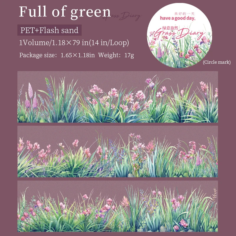 2m/Roll Cute Green Grass Flowers PET Tape Paper Decorative Journaling Adhesive Masking Tape Scrapbooking Craft Diary Stationery Qme B