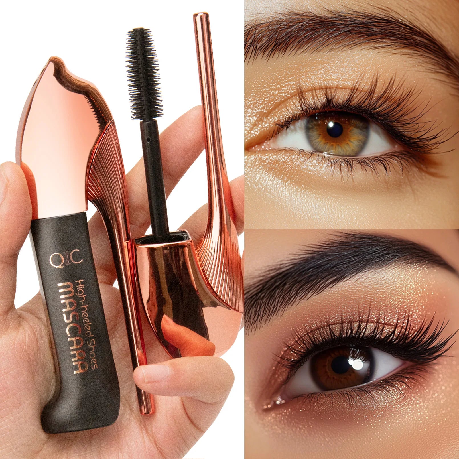 QIC High-heeled Shoes Mascara 3D Fiber Mascara, Long Black Volumizing Eyelash Extension, Waterproof Eye Makeup Tool Qme