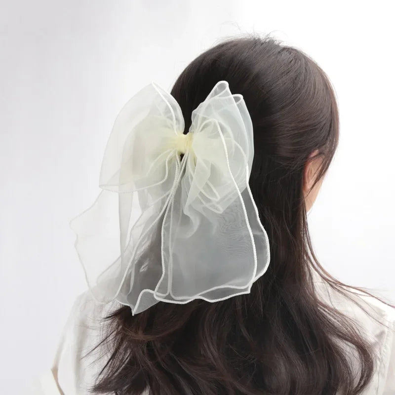 New Black Sweet Mesh Thin Gauze Big Bow Hair Claw Clip Women Bow Spring Clip Headwear Accessories Hair Clips Hairbows for Girls Qme Beige