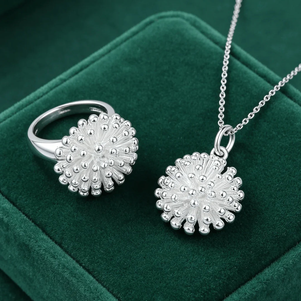 Hot Charms 925 Sterling Silver Round Flower Pendant Necklace Ring Jewelry Set for Women Fashion Wedding Party Couple Gift Qme Neckalces Rings 10 45cm 18 inches