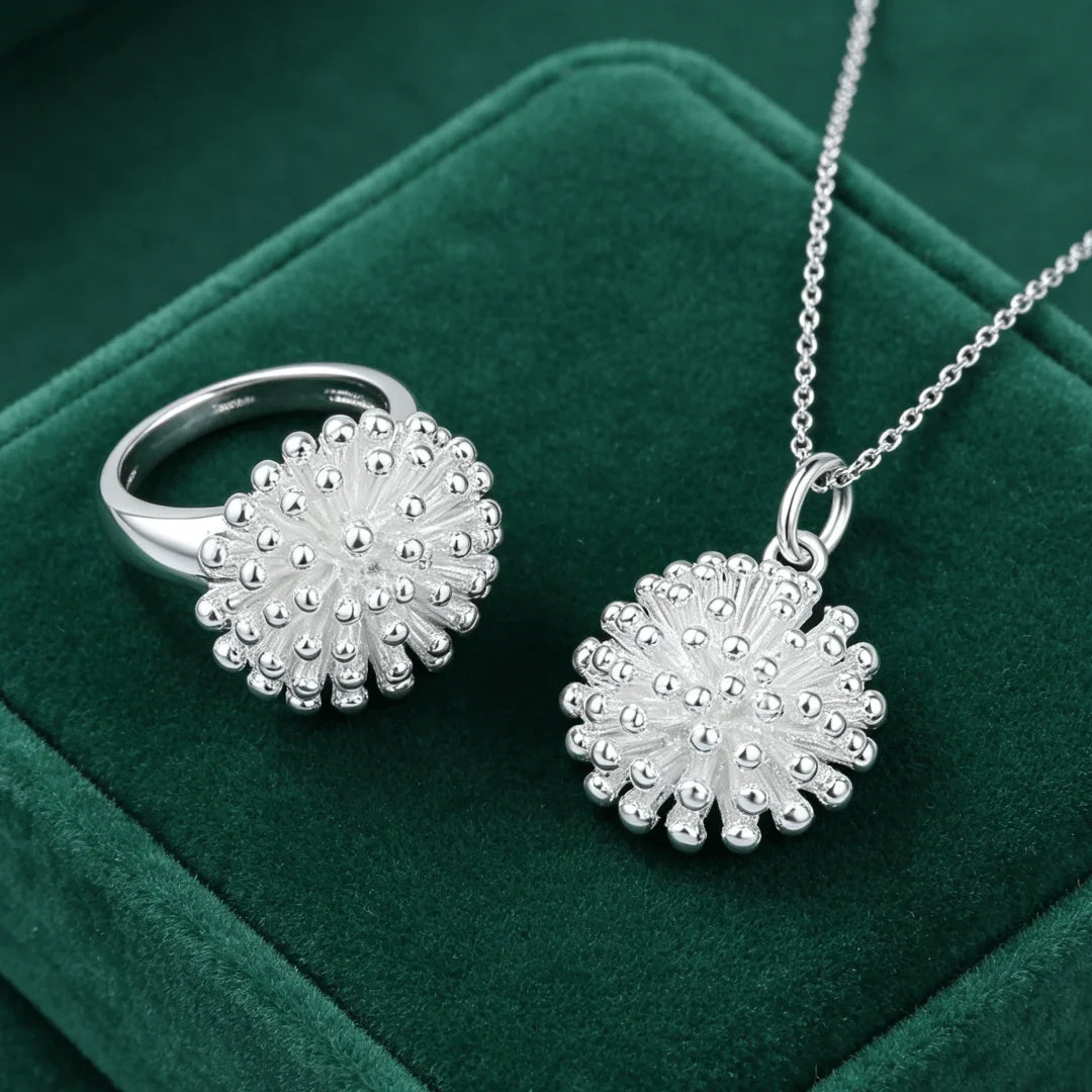 Hot Charms 925 Sterling Silver Round Flower Pendant Necklace Ring Jewelry Set for Women Fashion Wedding Party Couple Gift Qme Neckalces Rings 10 45cm 18 inches