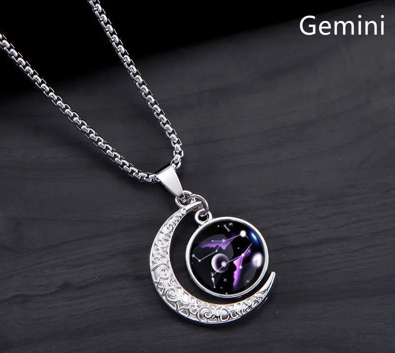 12 Constellation Luminous Necklace Zodiac Signs Jewelry Crescent Moon Pendant Glow In The Dark Necklace Birthday Gifts Unisex Qme Gemini