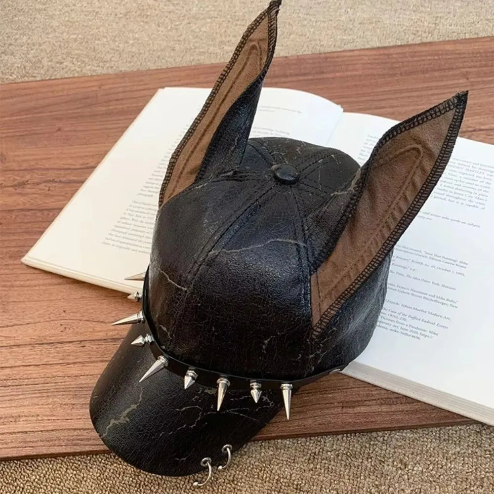 Multifunction Solid Dog Ears Baseball Cap PU Punk Style Leather Baseball Cap Sunshade Adjustable Sunshade Hat Spice Girl Qme
