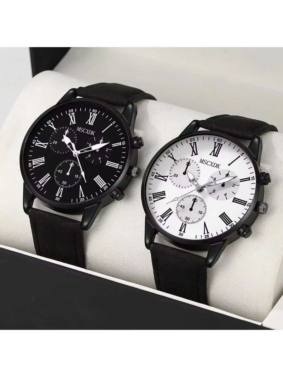2pcs Fashionable Men's Business Watch Popular Men's Belt Quartz Watch (without Box) Qme black and white
